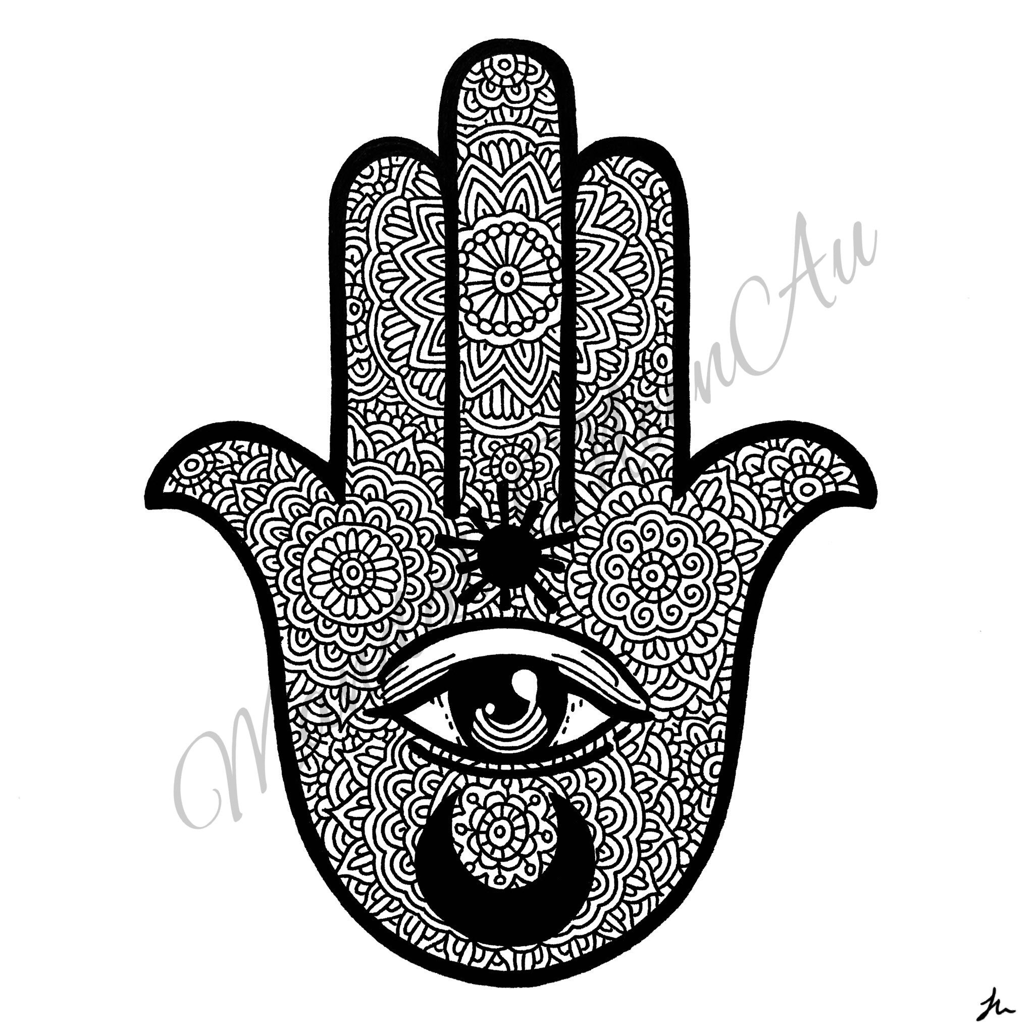 Hamsa Hand Drawn Mandala Line Art Print | Etsy