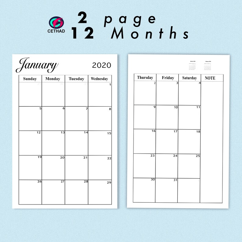 2020 Monthly Planner Calendar Printable Template, Instant Download, 2 ...