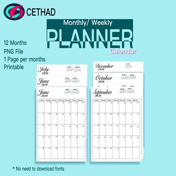 2020-2021 Monthly Planner Calendar Printable Template, Instant Download, 1 Page Planner PNG, A4, A5, Letter Size, 2020 Calendar planning