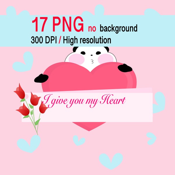 17 Cute Lovely Love panda Valentine’s Day romance clip art for party, relationship, cute romance. Digital png download image for print.