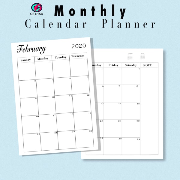 2020 Monthly Planner Calendar Printable Template, Instant Download, 2 Page Planner PDF, A4, A5, Letter Size, 2020 Calendar planning