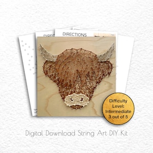 May include: Digital download string art DIY kit featuring a Highland cow head design. The design is on a wooden background and is made with brown and white string. The difficulty level is intermediate, 3 out of 5.