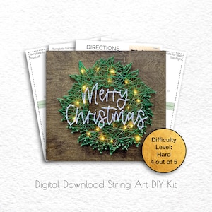 May include: A digital download string art DIY kit featuring a green wreath with white string art that reads "Merry Christmas". The wreath has small yellow lights embedded in it. The difficulty level is listed as "Hard" and is rated 4 out of 5.