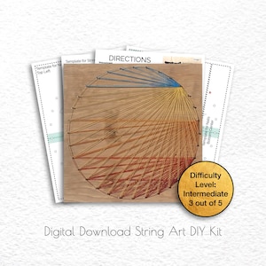 May include: A digital download string art DIY kit with a template for nails, a template for string, and directions. The string art design is a circle with a rainbow of colours. The difficulty level is intermediate, 3 out of 5.