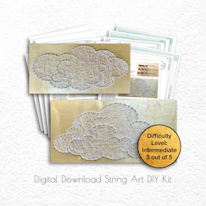 May include: Digital download string art DIY kit featuring a cloud design. The difficulty level is intermediate, 3 out of 5.