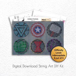 May include: A digital download string art DIY kit featuring six different superhero logos: Iron Man, Captain America, Thor, Hulk, Black Widow, and Scarlet Witch. The difficulty level is listed as intermediate, 3 out of 5.