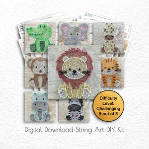 May include: A digital download string art DIY kit featuring 8 different animal designs, including a lion, zebra, monkey, tiger, hippo, giraffe, elephant, and crocodile. The difficulty level is listed as challenging, 5 out of 5.
