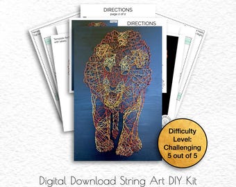 DIY String Art Fire Lion Home Decor, 3D Flame Animal Wall Hanging Sign Gift Idea, Custom Nail Digital Download PDF Template Kit Supplies
