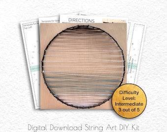May include: A string art DIY kit with a template for an abstract design. The kit includes a template for nails, a template for string, and directions. The difficulty level is intermediate, 3 out of 5.