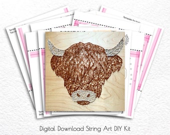 DIY String Art vache Highland Home Decor, GRANDE enseigne murale, ongle personnalisé téléchargement modèle Kit fournitures, idées cadeaux de pendaison de crémaillère