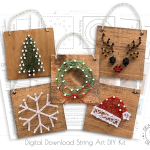 May include: Wooden string art Christmas ornaments, including a tree, wreath, snowflake, reindeer, and Santa hat. Each piece uses nails and coloured string, with a twine loop for hanging. The words "Digital Download String Art DIY Kit" are visible at the bottom of the image.