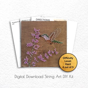 May include: A digital download string art DIY kit featuring a hummingbird and flowers. The difficulty level is hard, 4 out of 5.