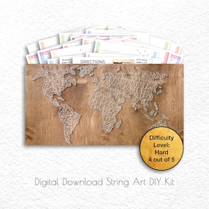 Mapa del mundo con hilo para decorar el hogar, letrero grande para colgar en la pared, kit de plantillas en PDF con diseños personalizados para uñas, idea de regalo para inauguración de la casa.