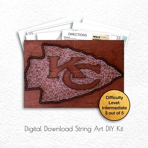 May include: A digital download string art DIY kit featuring the Kansas City Chiefs logo. The logo is a red arrowhead with the letters "KC" inside. The difficulty level is listed as intermediate, 3 out of 5.