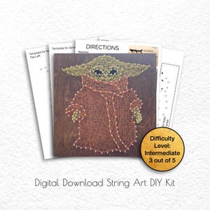 May include: A digital download string art DIY kit featuring a cartoon character with green skin and large ears. The character is wearing a brown robe and has a yellow head. The difficulty level is listed as intermediate, 3 out of 5.