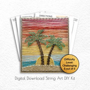May include: A digital download string art DIY kit featuring a sunset scene with two palm trees and a sun. The difficulty level is challenging, 5 out of 5.