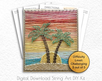 DIY String Art Palm Tree Sunset Home Decor, 3D Wall Sun Hanging Sign, Custom Nail Digital Download PDF Template Kit Supplies, Wood Gift Idea