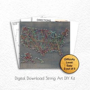 May include: A digital download string art DIY kit featuring a map of the United States. The map is made of colorful strings on a dark wood background. The difficulty level is listed as easy, 2 out of 5.