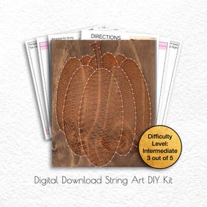 Puede incluir: Un kit de arte de cuerdas DIY con un diseño de calabaza sobre una tabla de madera. La calabaza está hecha con hilo naranja. El kit incluye instrucciones y está clasificado como dificultad intermedia, 3 de 5. También se ve el texto "Digital Download String Art DIY Kit".