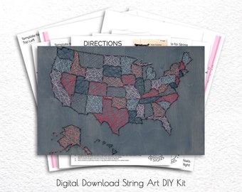 DIY String Art Map Home Decor, USA States Wall Hanging Sign, Custom Nail Digital Download PDF Template Kit Supplies, Housewarming Gift Ideas