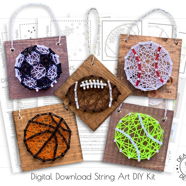 DIY String Art Christmas Ornament Tree Decor, Set of 5 Personalize Hanging Gift Ideas, Custom Nail Digital Download PDF Template Kit Supply