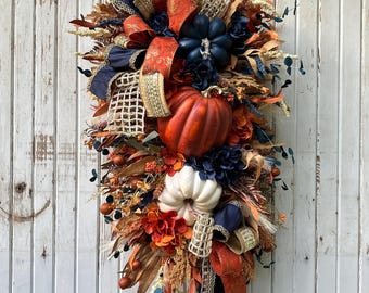 Fall Pumpkin Swag: Autumn Floral Door Hanger, Orange & Blue Wreath