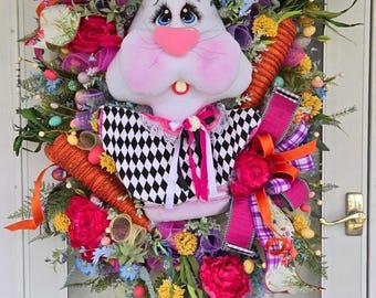 Corona de Pascua hecha a mano, corona grande de conejito