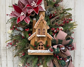 Corona navideña rústica, decoración para puerta de iglesia campestre, corona navideña de invierno, decoración de flor de Pascua, corona religiosa, Navidad