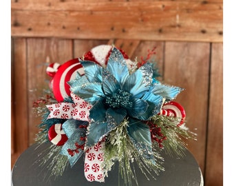 Poinsettia Christmas Table Top Arrangement, Red and Blue Holiday Decor, Fancy Christmas Centerpiece, Christmas Peppermint Candy