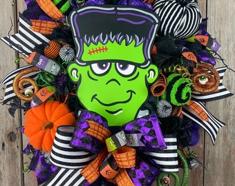 Frankenstein Halloween Wreath, Whimsical Monster Decor