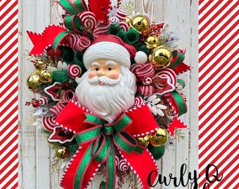 Corona de Papá Noel, corona navideña de Papá Noel, corona de cascabeles, corona navideña de Papá Noel, decoración vintage para puerta de entrada.