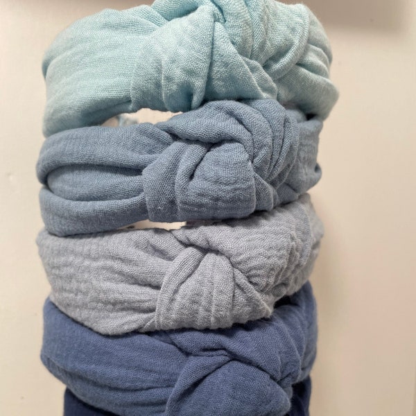 Shades of Blue Organic Cotton Gauze, Knotted Headbands, Headbands for Women and Children