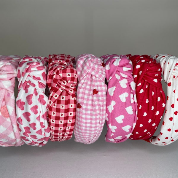 Hearts and Valentines Print Cotton Headbands for Women and Children; Valentine's Day; Knotted Headbands, Valentines Day Headband, XOXO, Pink