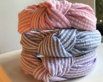 Seersucker Striped Cotton Headband, Knotted Headbands, Headbands for Women, Beach Accessories, Summer, Bachelorette Gift