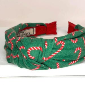 Christmas Knotted Headbands for Women and Children; Candy Canes, Candy Stripes, Teddy Bears, Santa Claus, Argyle. GrnRed CCane Flannel
