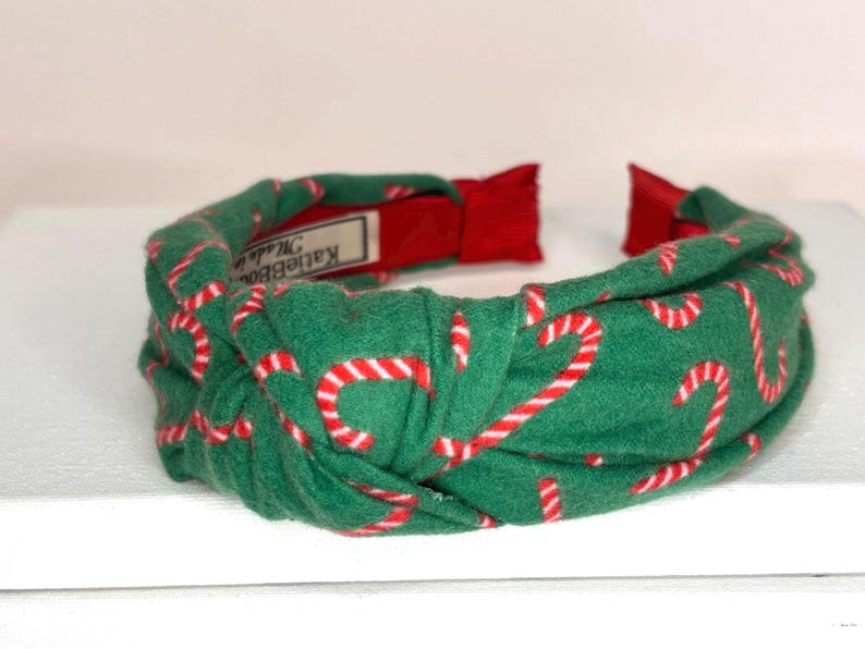 Christmas Knotted Headbands for Women and Children; Candy Canes, Candy Stripes, Teddy Bears, Santa Claus, Argyle. GrnRed CCane Flannel