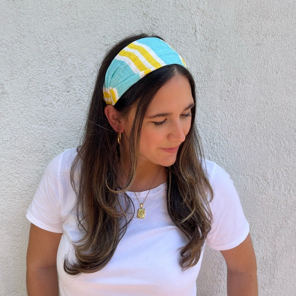 Summer Organic Cotton Gauze Elastic Back Headband, 3” Wide Headband, Headbands for Women, Stripes/Geometrics, Yoga Headband