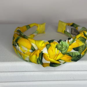 Mediterranean Lemon, Tile, Mosaic Print Knotted Headbands for Women an Children. Lemons/Green Leaves