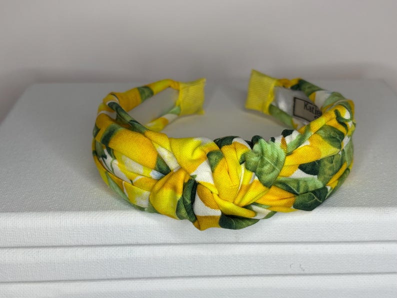 Mediterranean Lemon, Tile, Mosaic Print Knotted Headbands for Women an Children. Lemons/Green Leaves