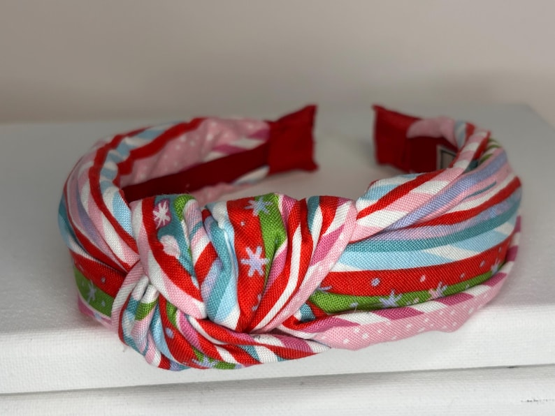 Christmas Knotted Headbands for Women and Children; Candy Canes, Candy Stripes, Teddy Bears, Santa Claus, Argyle. Multi Candy Stripe