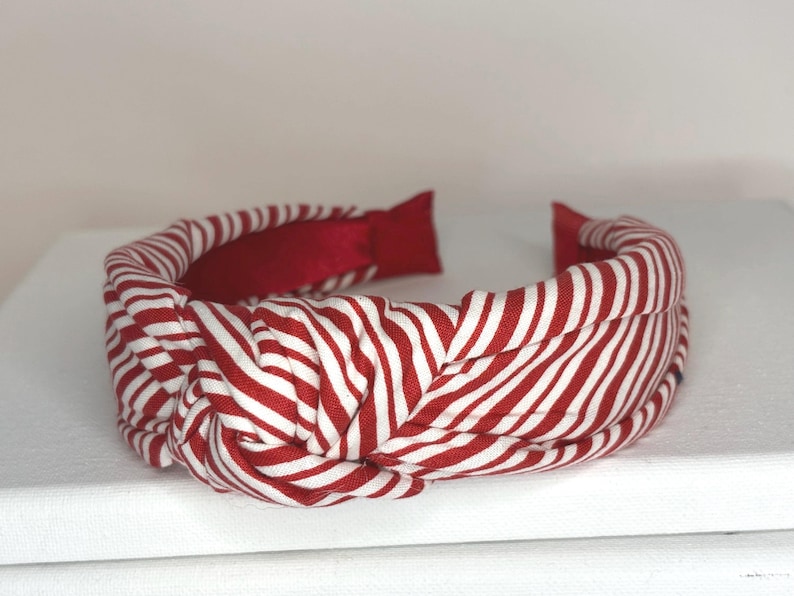 Christmas Knotted Headbands for Women and Children; Candy Canes, Candy Stripes, Teddy Bears, Santa Claus, Argyle. Red/Wht Stripe