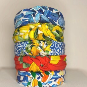 Mediterranean Lemon, Tile, Mosaic Print Knotted Headbands for Women an Children. image 2