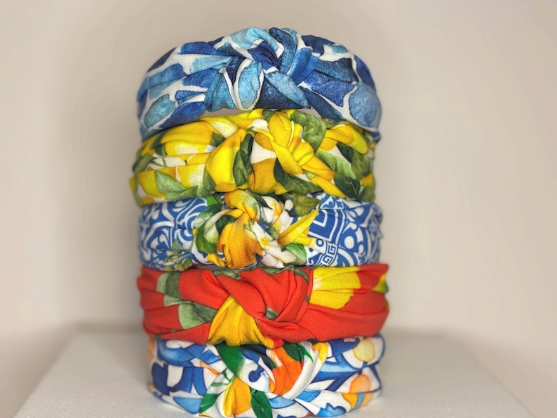 Mediterranean Lemon, Tile, Mosaic Print Knotted Headbands for Women an Children. image 2