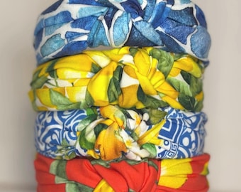 Mediterranean Lemon, Tile, Mosaic Print Knotted Headbands for Women an Children.