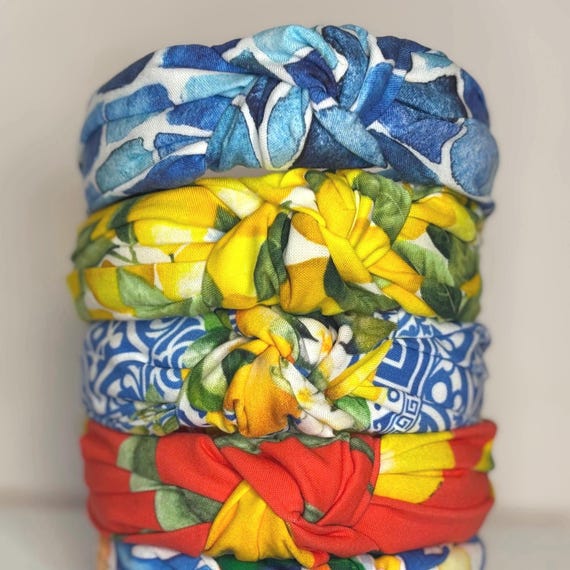 Mediterranean Lemon, Tile, Mosaic Print Knotted Headbands for Women an Children.