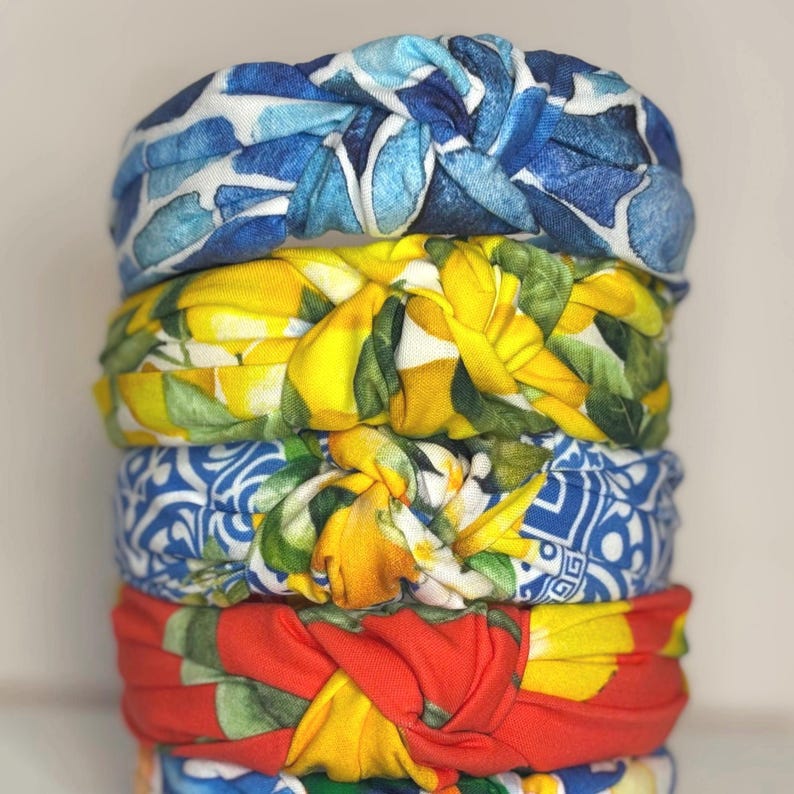 Mediterranean Lemon, Tile, Mosaic Print Knotted Headbands for Women an Children. image 1
