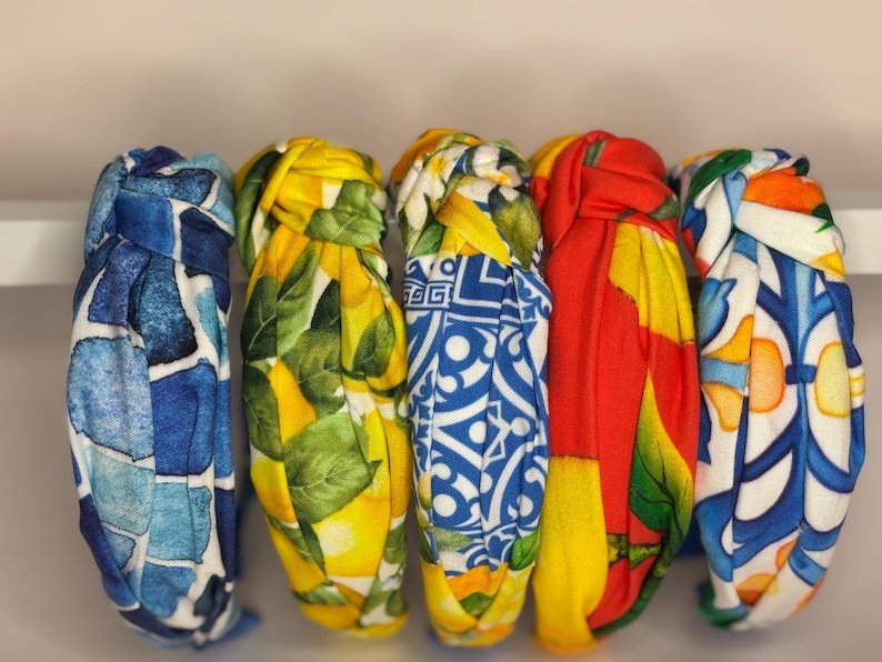 Mediterranean Lemon, Tile, Mosaic Print Knotted Headbands for Women an Children. image 3