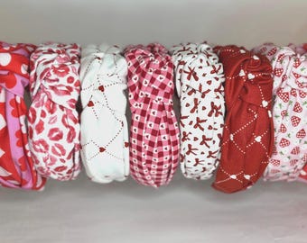 Hearts and Valentines Print Cotton Headbands for Women and Children; Valentine's Day; Knotted Headbands, Valentines Day Headband