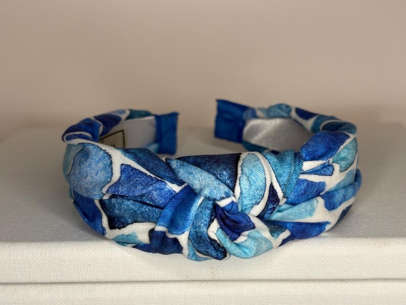 Mediterranean Lemon, Tile, Mosaic Print Knotted Headbands for Women an Children. Blue Mosaic