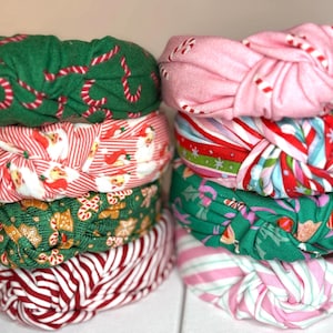 Christmas Knotted Headbands for Women and Children; Candy Canes, Candy Stripes, Teddy Bears, Santa Claus, Argyle.